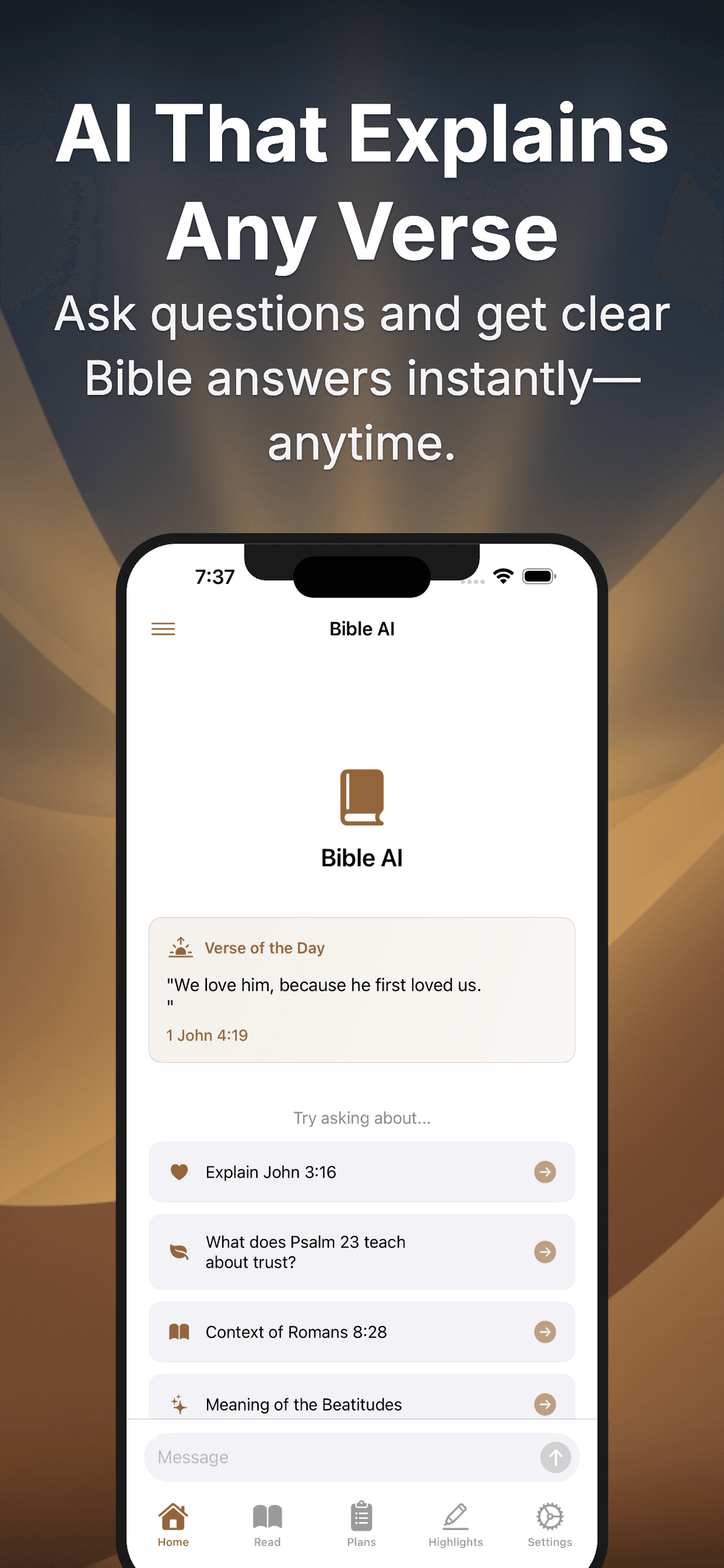 Bible AI Companion app showing AI chat interface