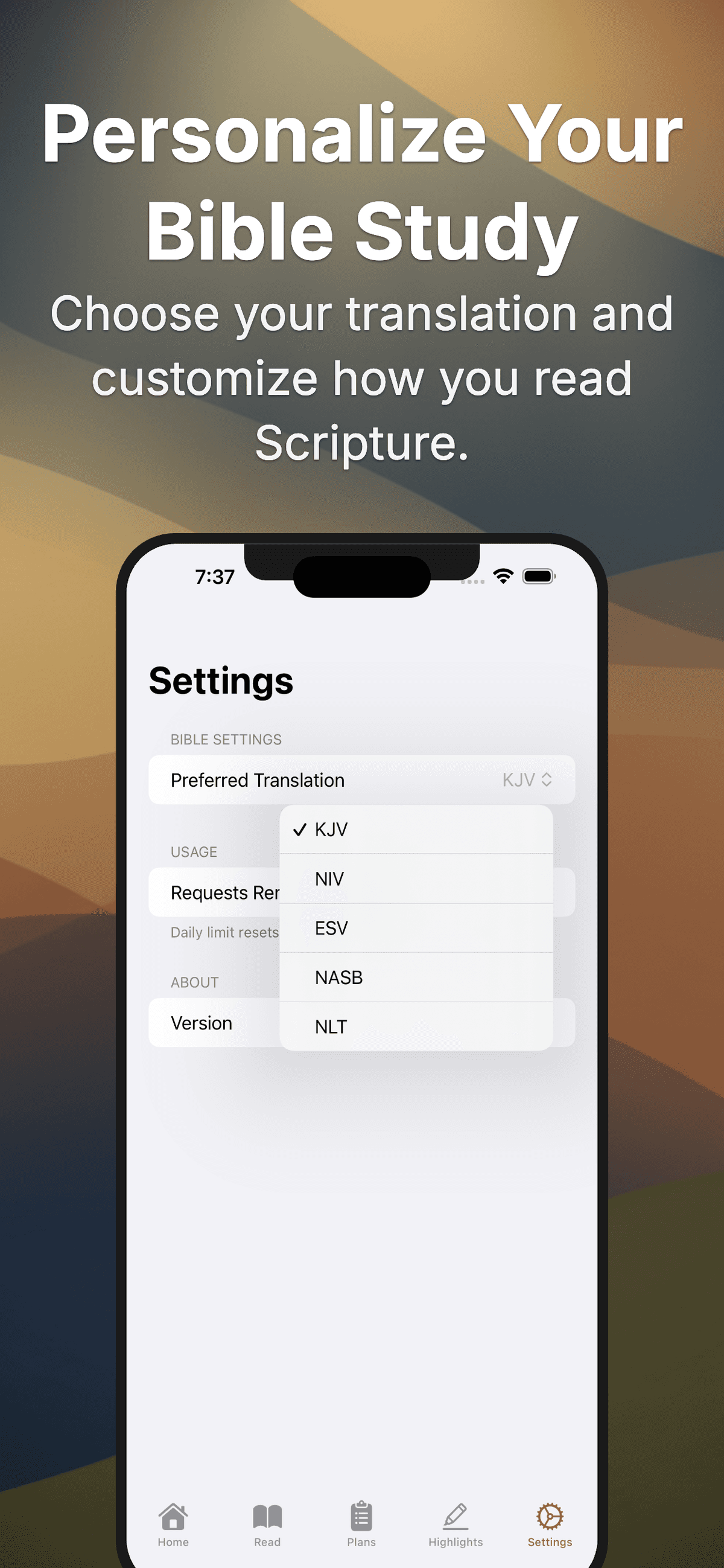 Settings - Choose your translation and customize